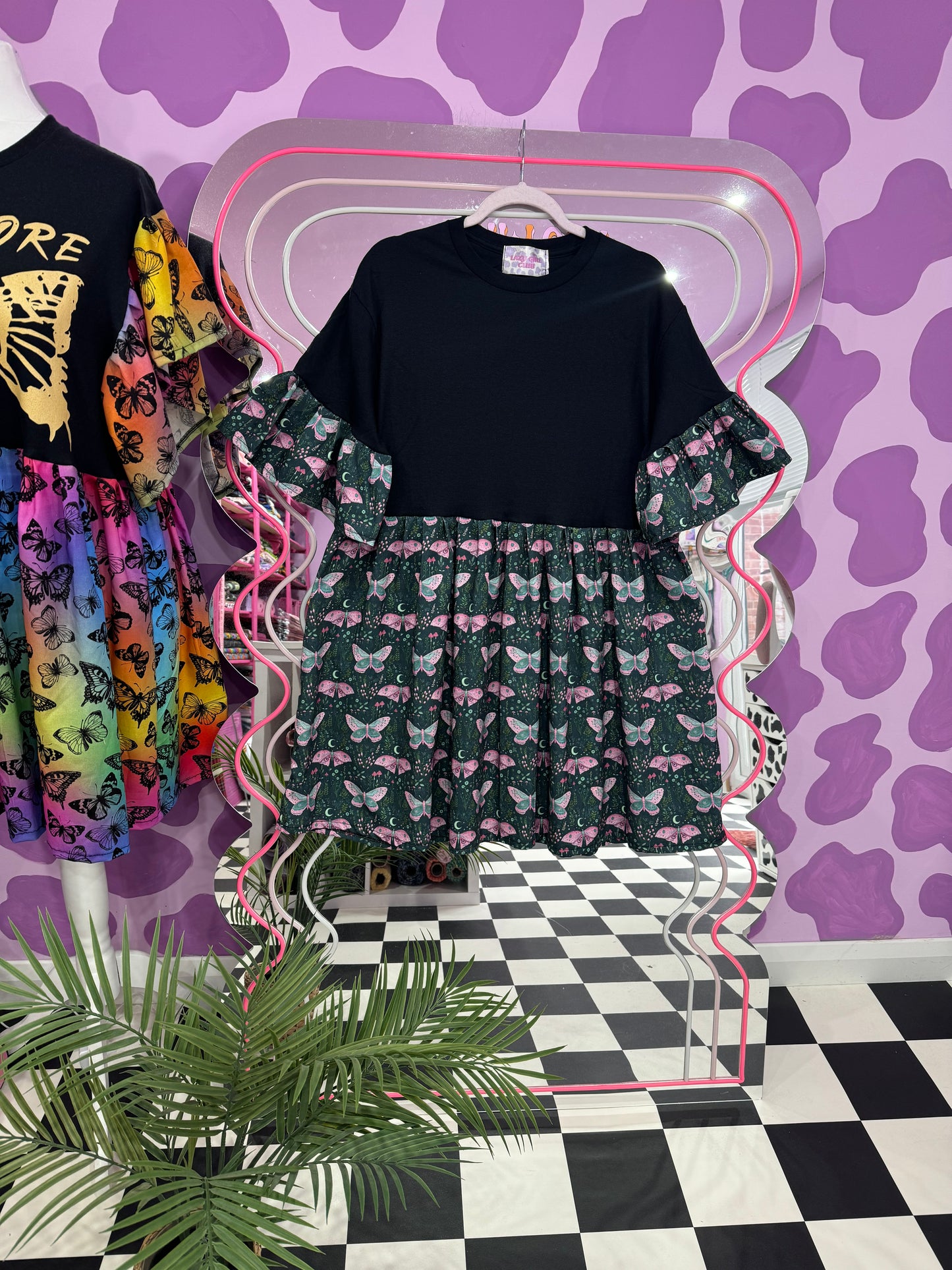 PINK & GREEN BUTTERFLY SMOCK DRESS